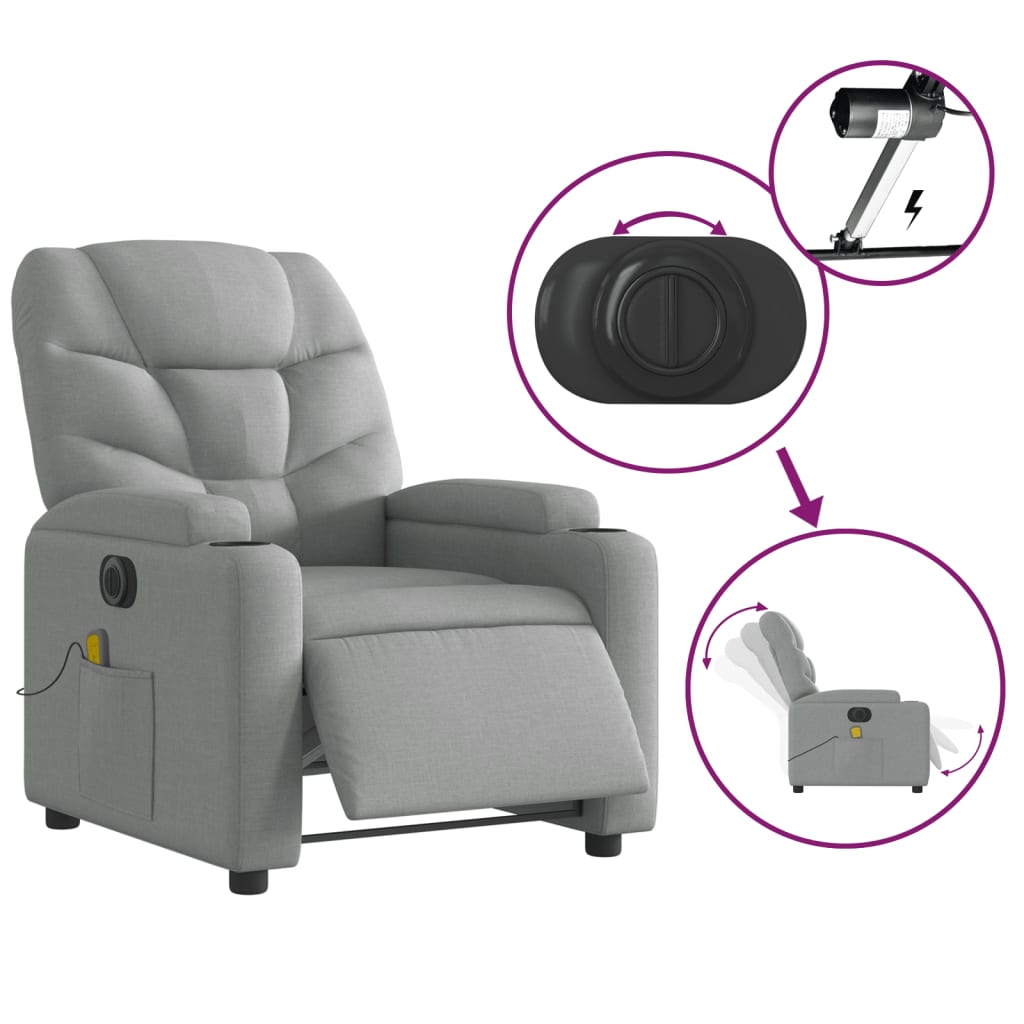 vidaXL Fotoliu electric de masaj rabatabil, gri deschis, microfibră