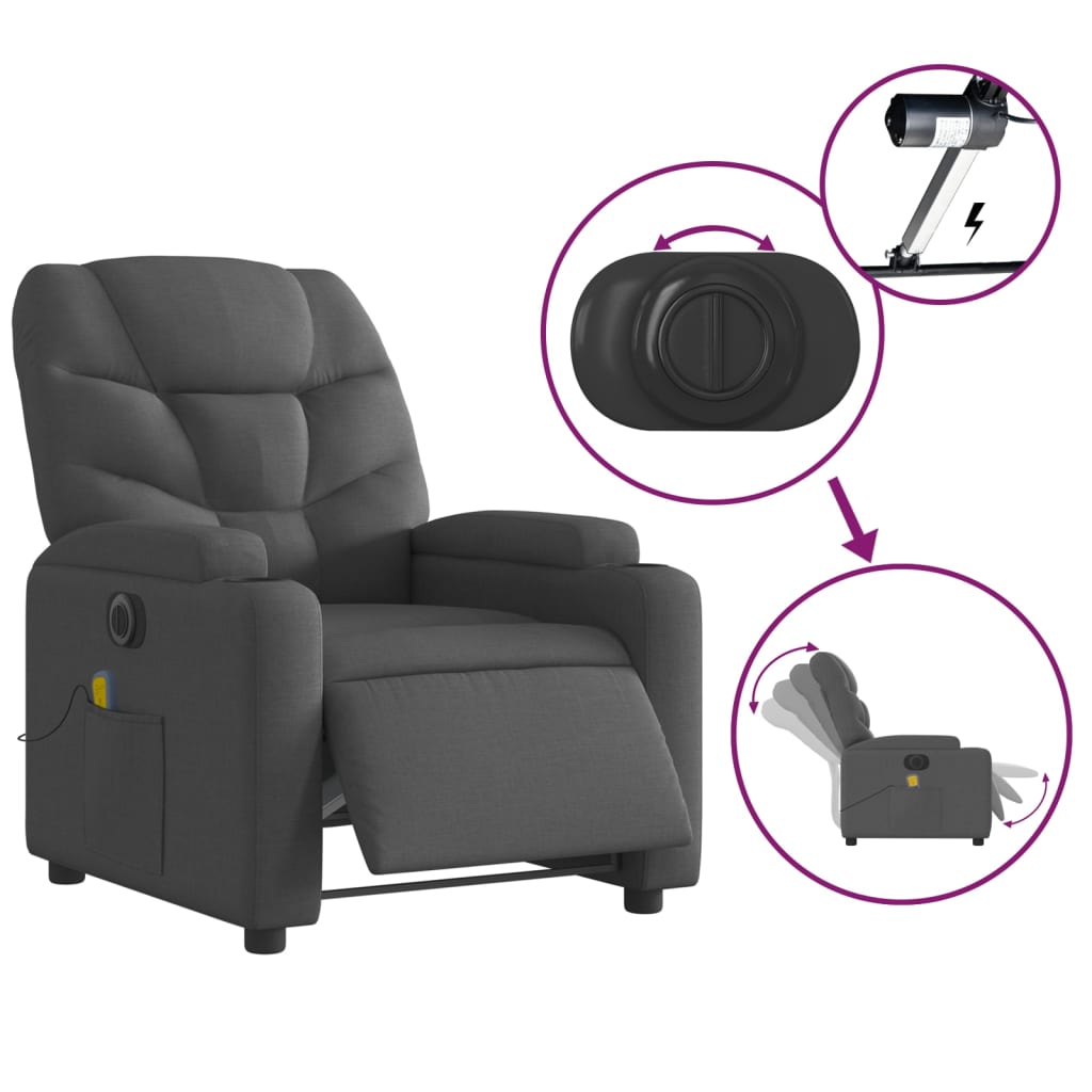vidaXL Fotoliu electric de masaj rabatabil, gri închis, textil