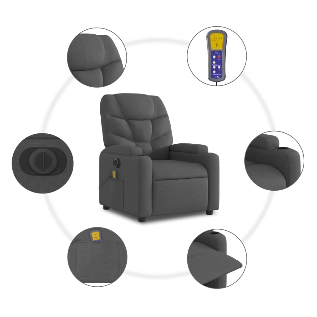 vidaXL Fotoliu electric de masaj rabatabil, gri închis, textil