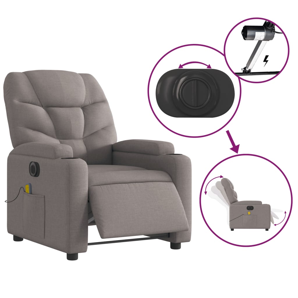 vidaXL Fotoliu electric de masaj rabatabil, gri taupe, textil
