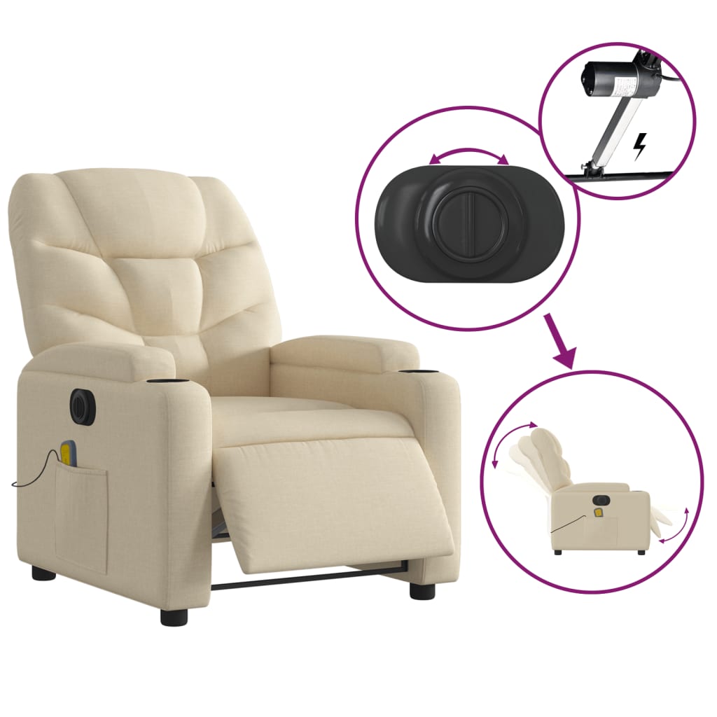 vidaXL Fotoliu electric de masaj rabatabil, crem, textil