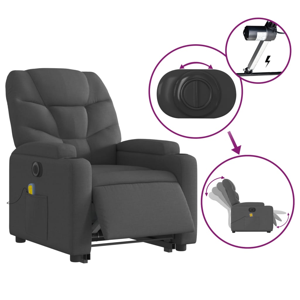 vidaXL Fotoliu electric masaj rabatabil cu ridicare, gri închis textil