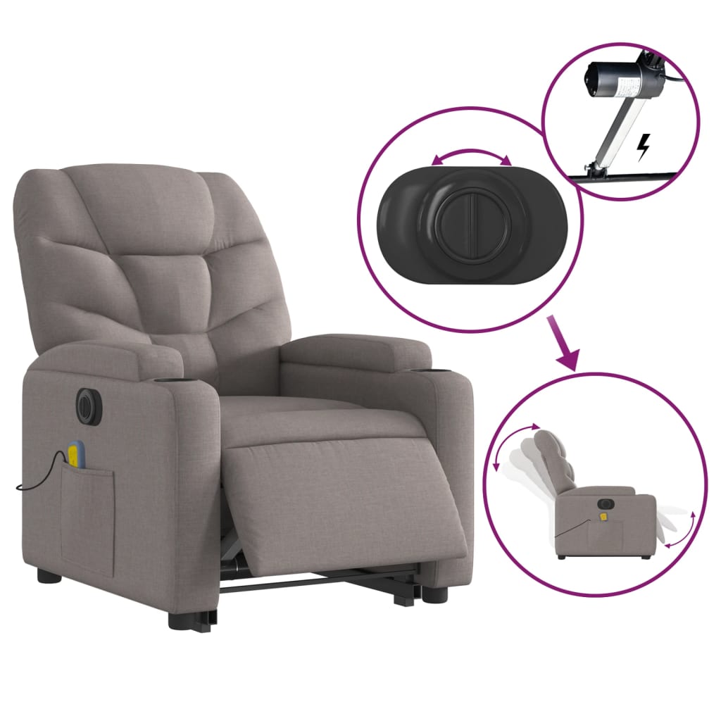 vidaXL Fotoliu electric masaj rabatabil cu ridicare, gri taupe, textil
