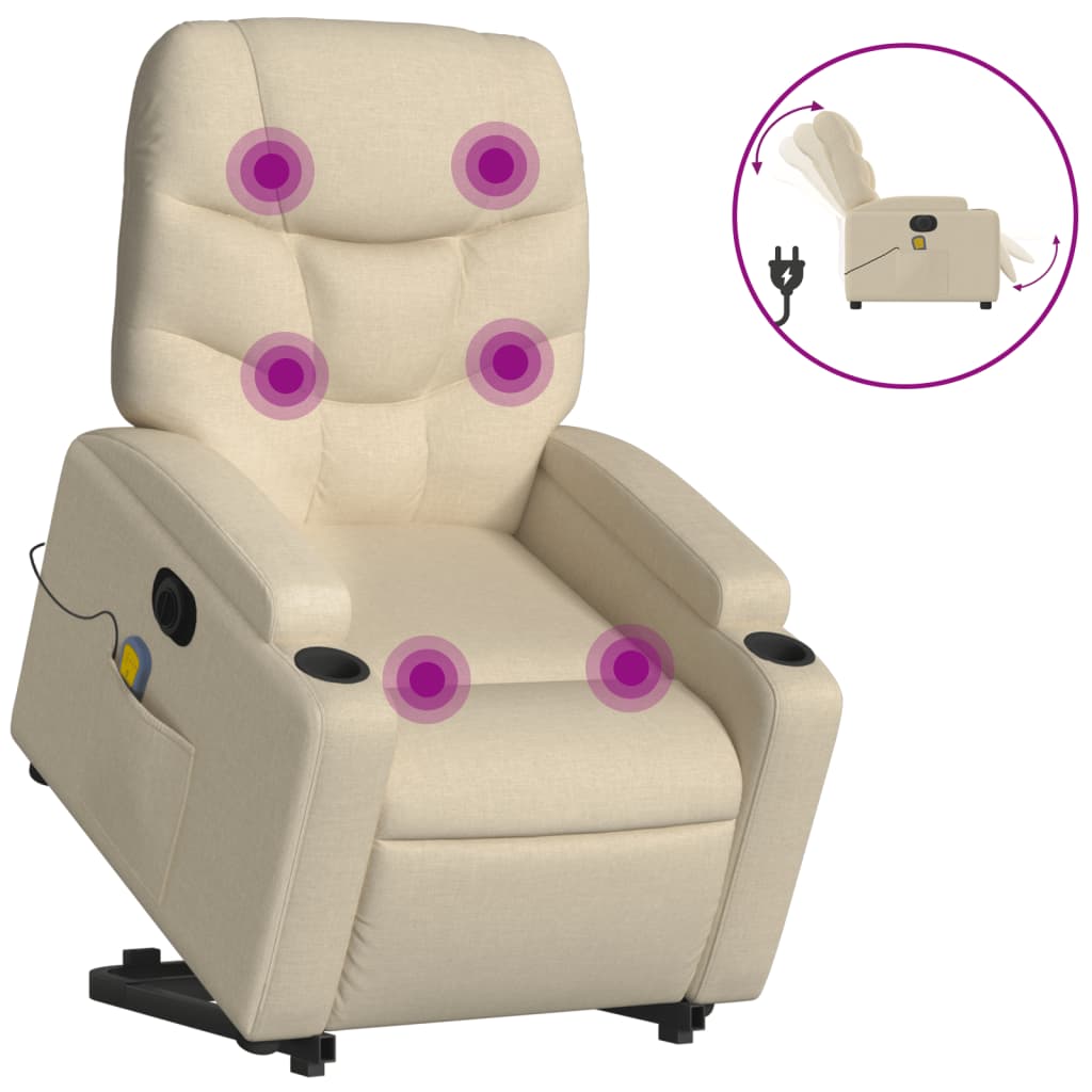 vidaXL Fotoliu electric de masaj rabatabil cu ridicare, crem, textil vidaXL Fotoliu electric de masaj rabatabil cu ridicare, crem, textil