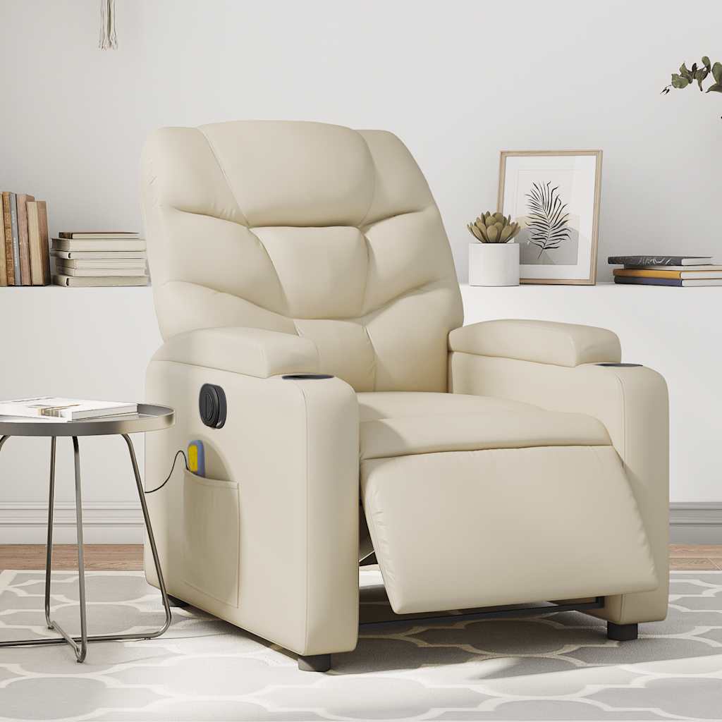 vidaXL Fotoliu electric de masaj rabatabil, crem, piele ecologică