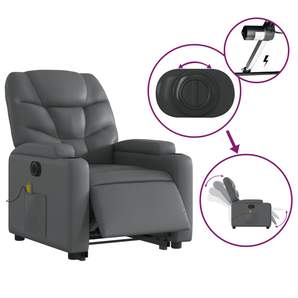 vidaXL Fotoliu masaj rabatabil electric cu ridicare, gri, piele eco