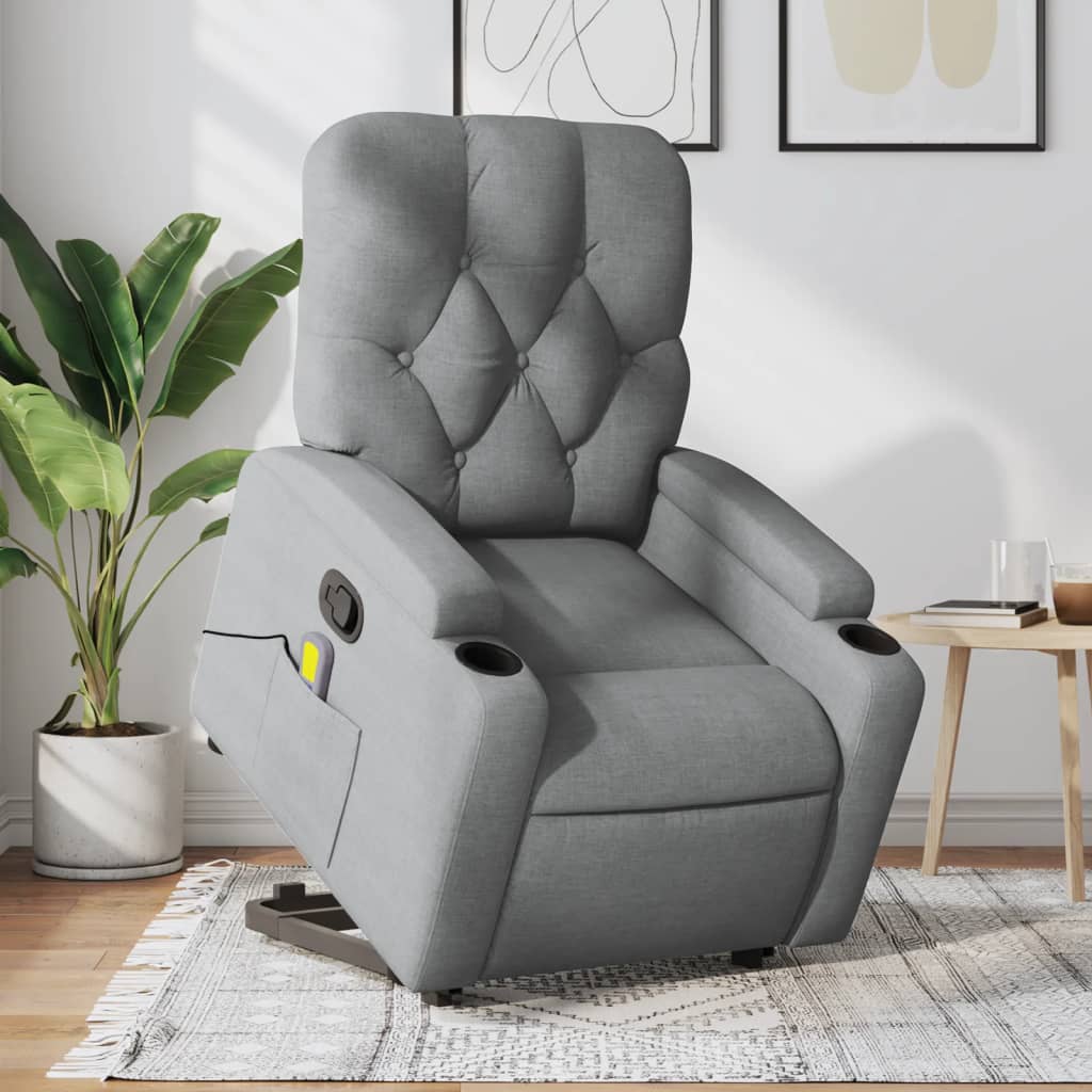 vidaXL Fotoliu de masaj rabatabil cu ridicare, gri deschis, textil vidaXL Fotoliu de masaj rabatabil cu ridicare, gri deschis, textil