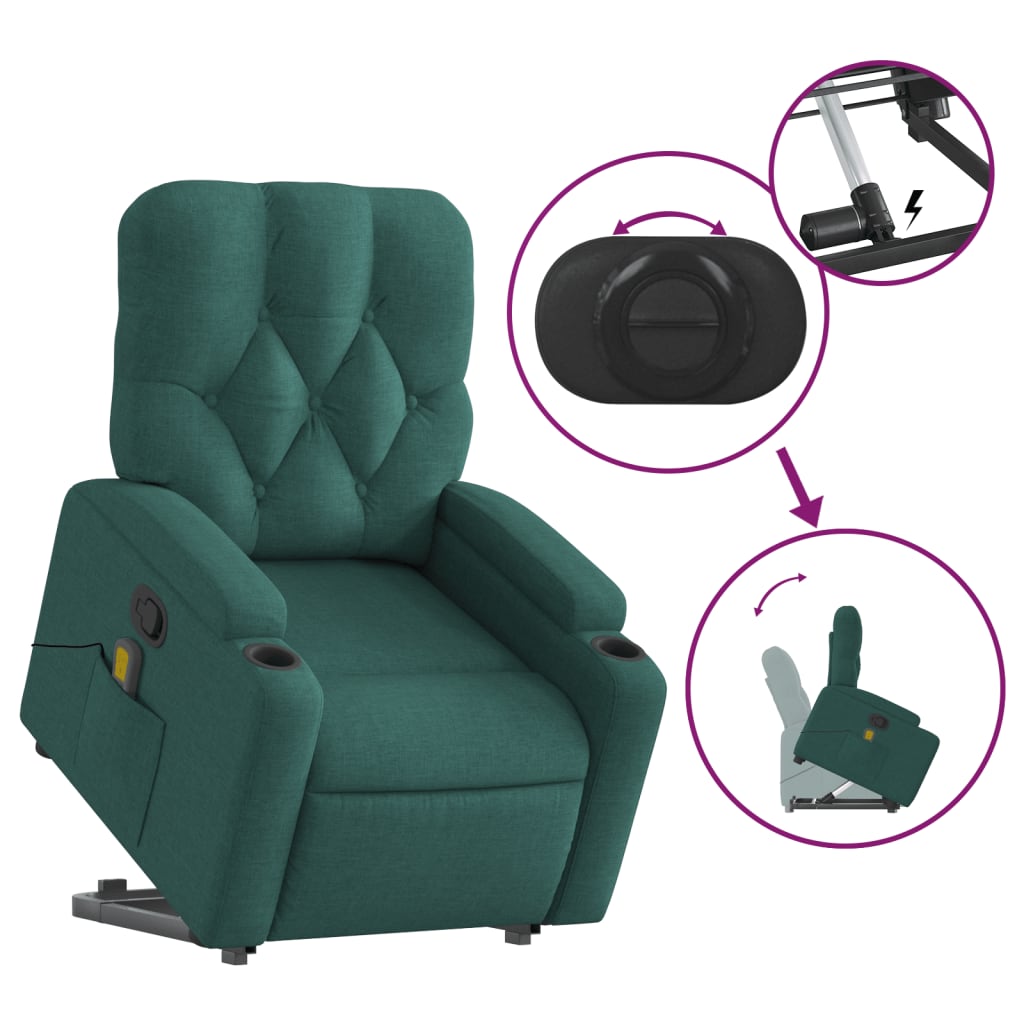 vidaXL Fotoliu rabatabil de masaj, cu ridicare, verde închis, textil