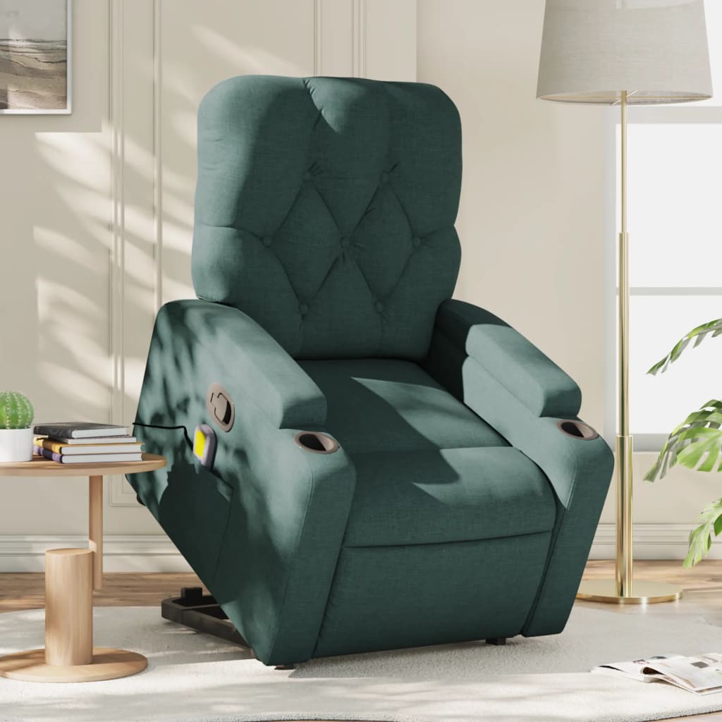 vidaXL Fotoliu rabatabil de masaj, cu ridicare, verde închis, textil