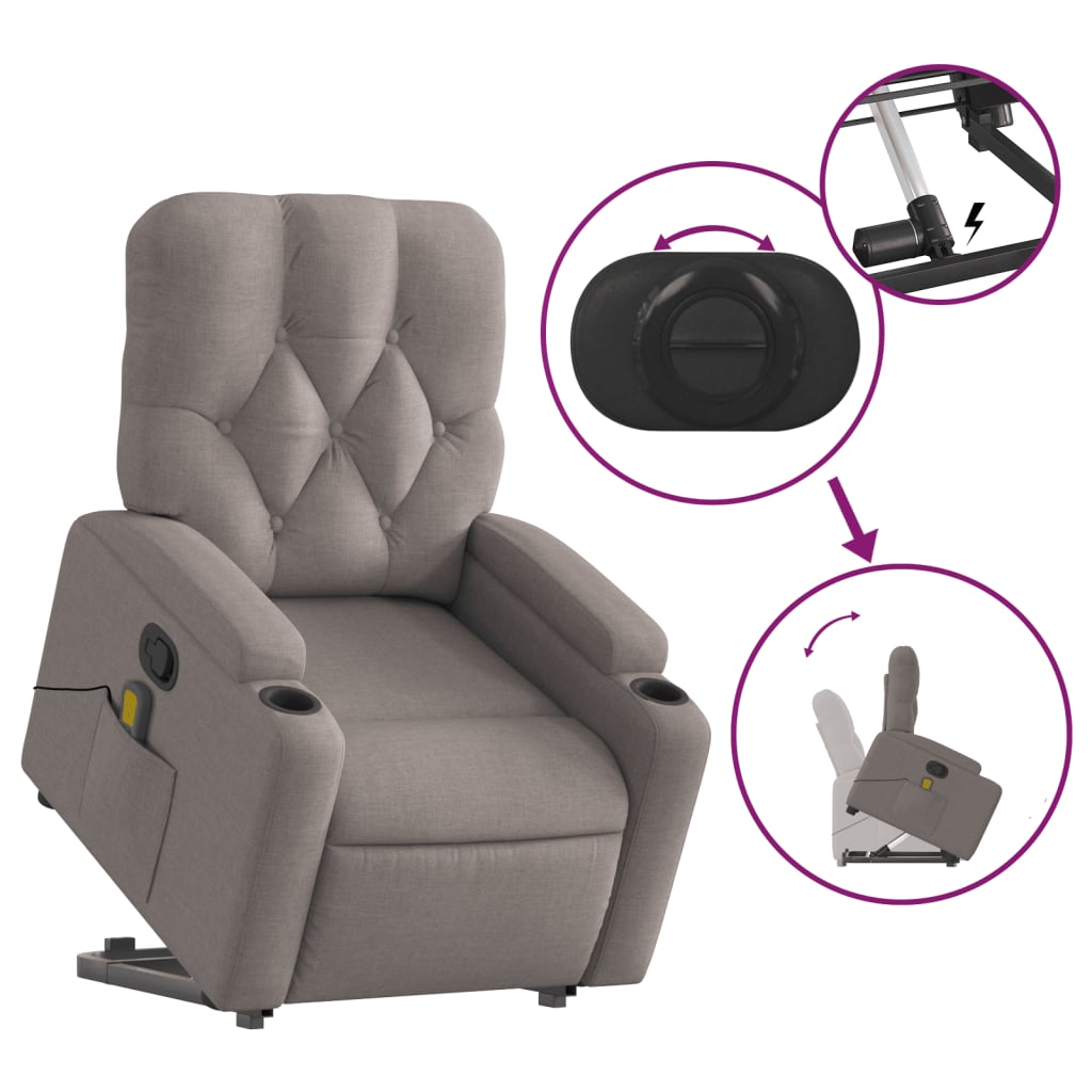vidaXL Fotoliu rabatabil de masaj cu ridicare, gri taupe, textil