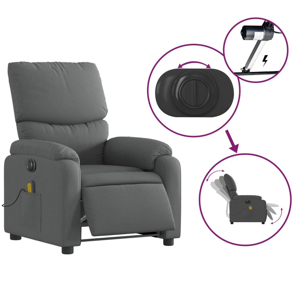 vidaXL Fotoliu electric de masaj rabatabil, gri închis, textil