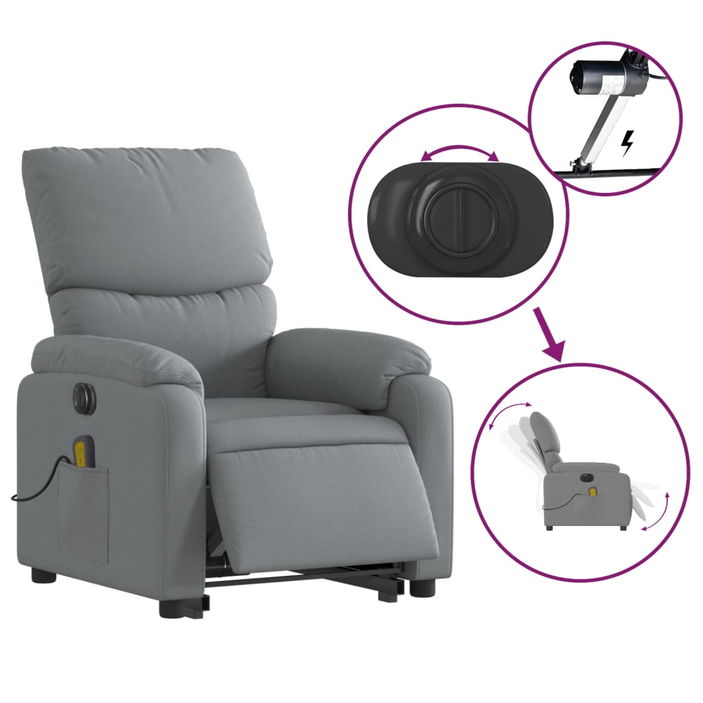 vidaXL Fotoliu electric masaj rabatabil cu ridicare, gri închis textil