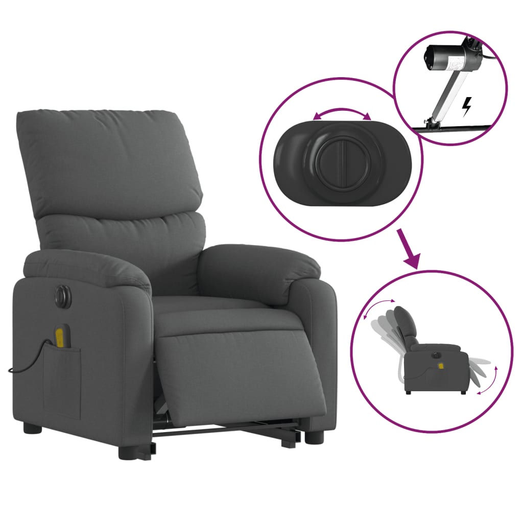 vidaXL Fotoliu electric masaj rabatabil cu ridicare, gri închis textil