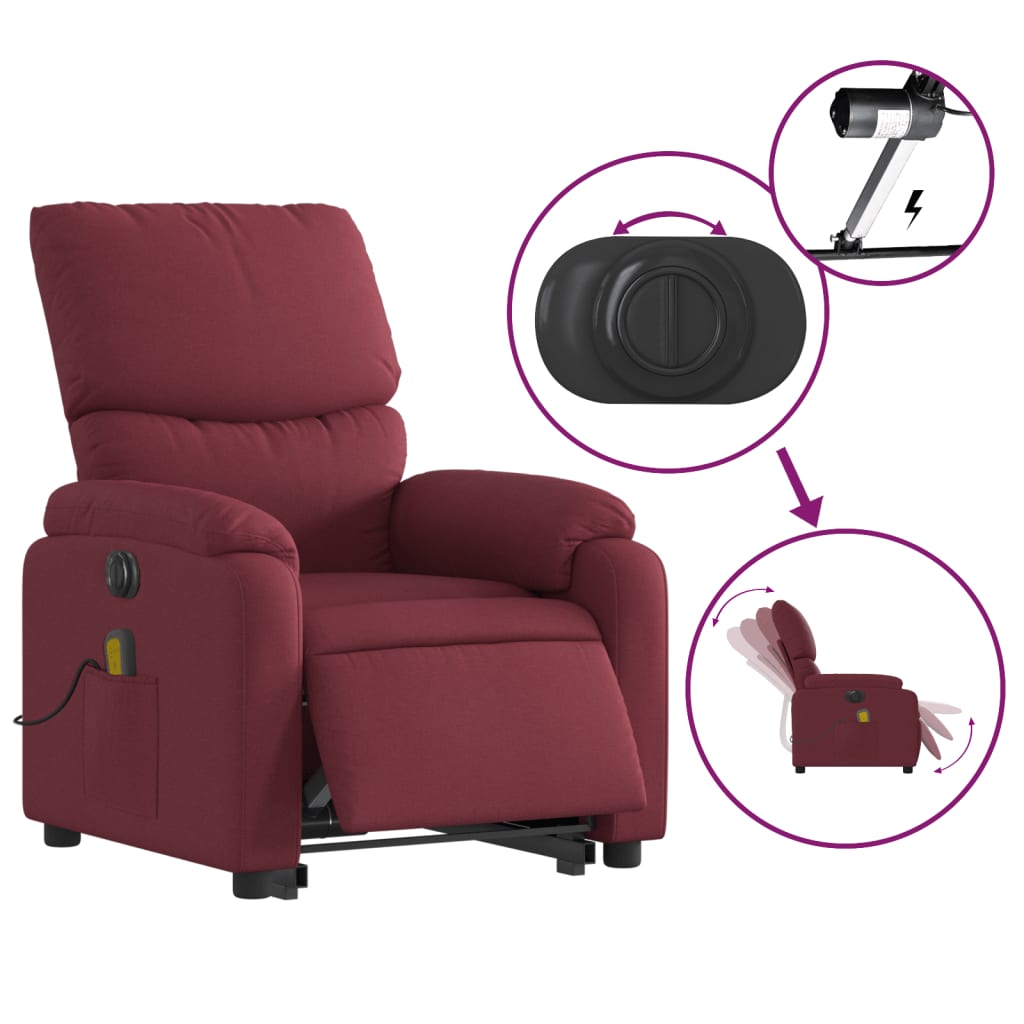 vidaXL Fotoliu de masaj electric rabatabil cu ridicare roșu vin textil