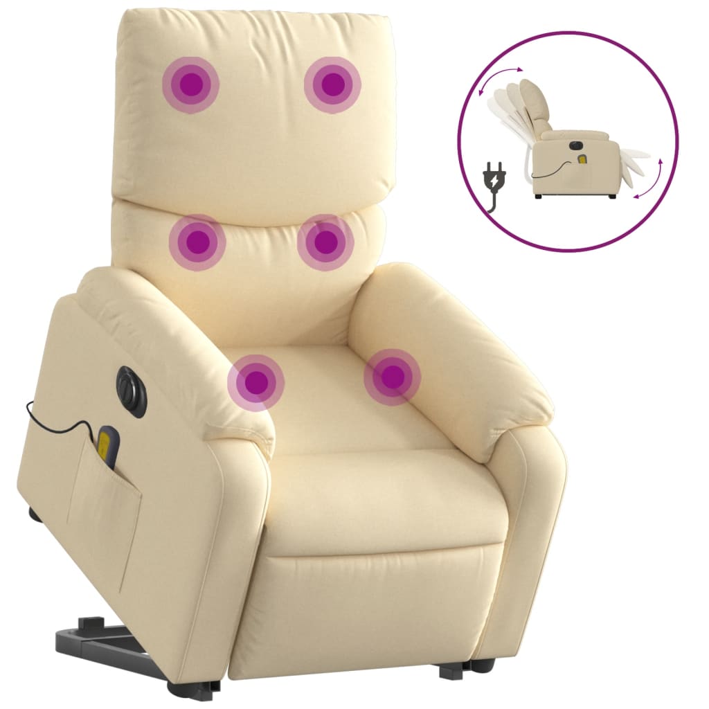 vidaXL Fotoliu electric de masaj rabatabil cu ridicare, crem, textil vidaXL Fotoliu electric de masaj rabatabil cu ridicare, crem, textil