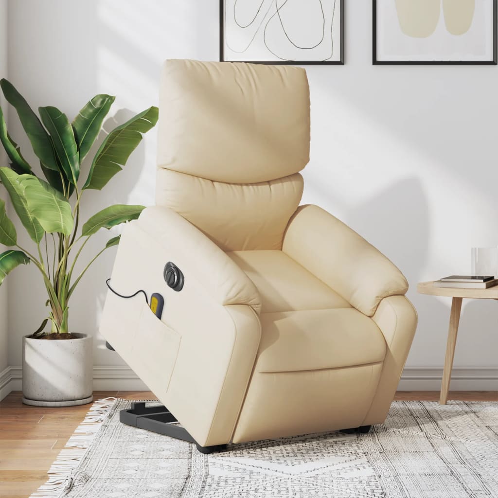 vidaXL Fotoliu electric de masaj rabatabil cu ridicare, crem, textil vidaXL Fotoliu electric de masaj rabatabil cu ridicare, crem, textil