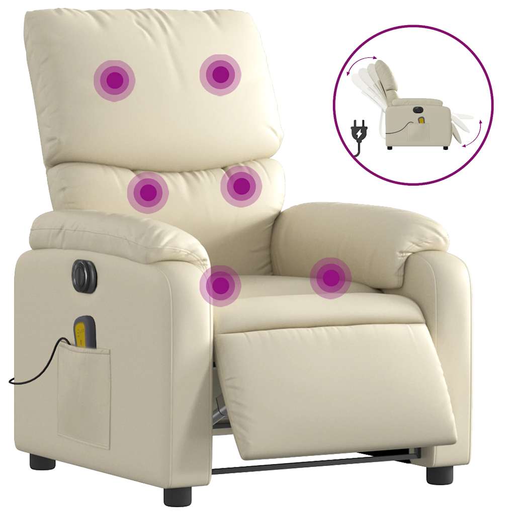 vidaXL Fotoliu electric de masaj rabatabil, crem, piele ecologică