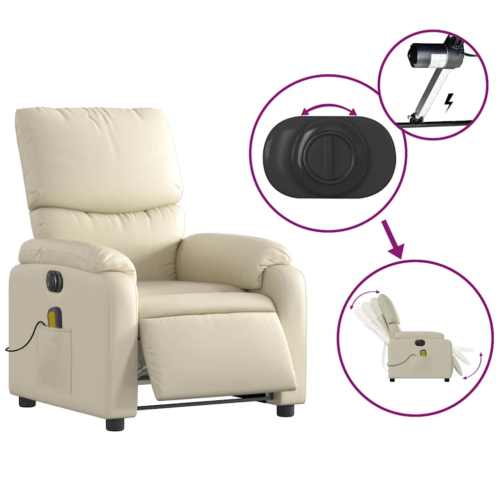 vidaXL Fotoliu electric de masaj rabatabil, crem, piele ecologică