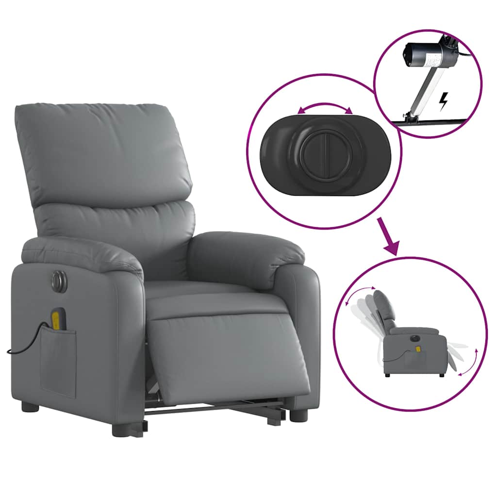 vidaXL Fotoliu masaj rabatabil electric cu ridicare, gri, piele eco