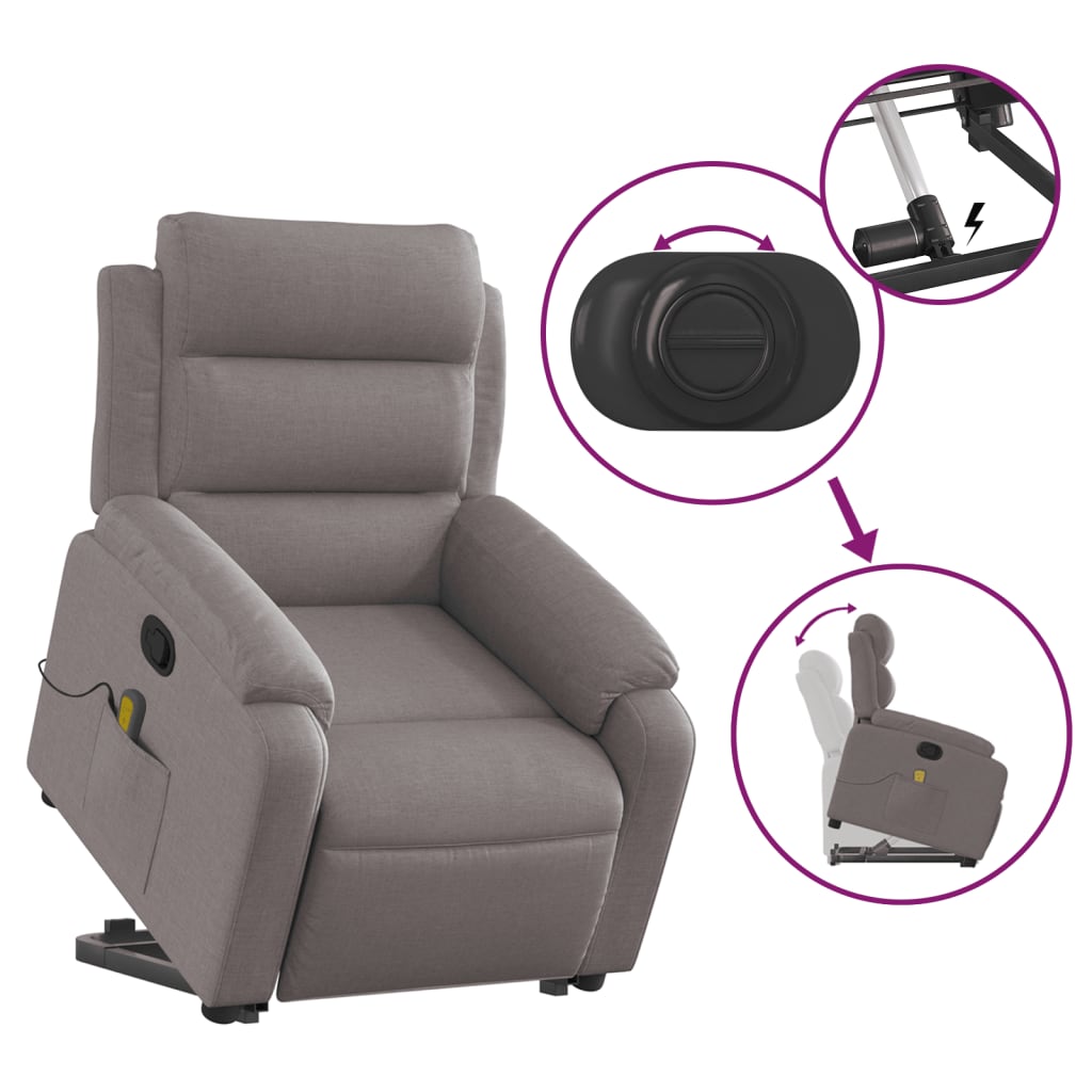 vidaXL Fotoliu rabatabil de masaj cu ridicare, gri taupe, textil