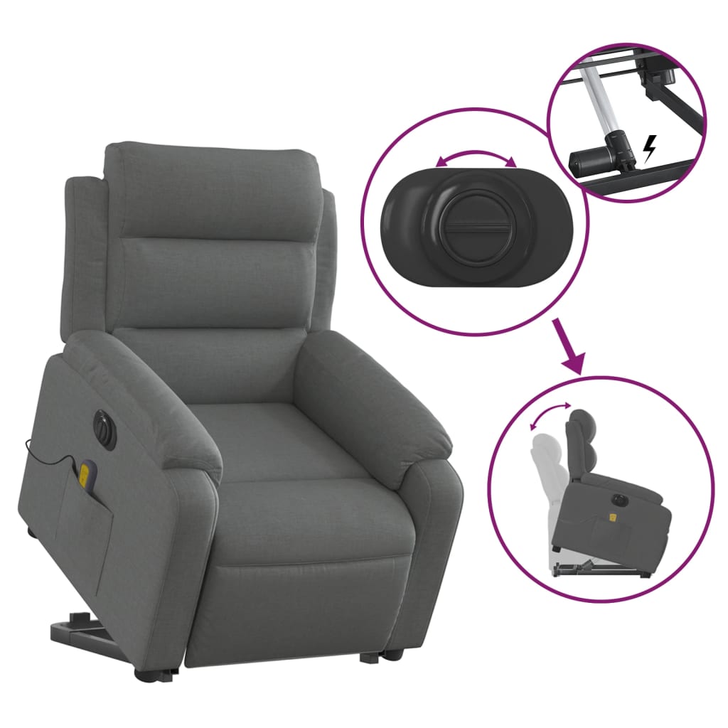 vidaXL Fotoliu electric masaj rabatabil cu ridicare, gri închis textil