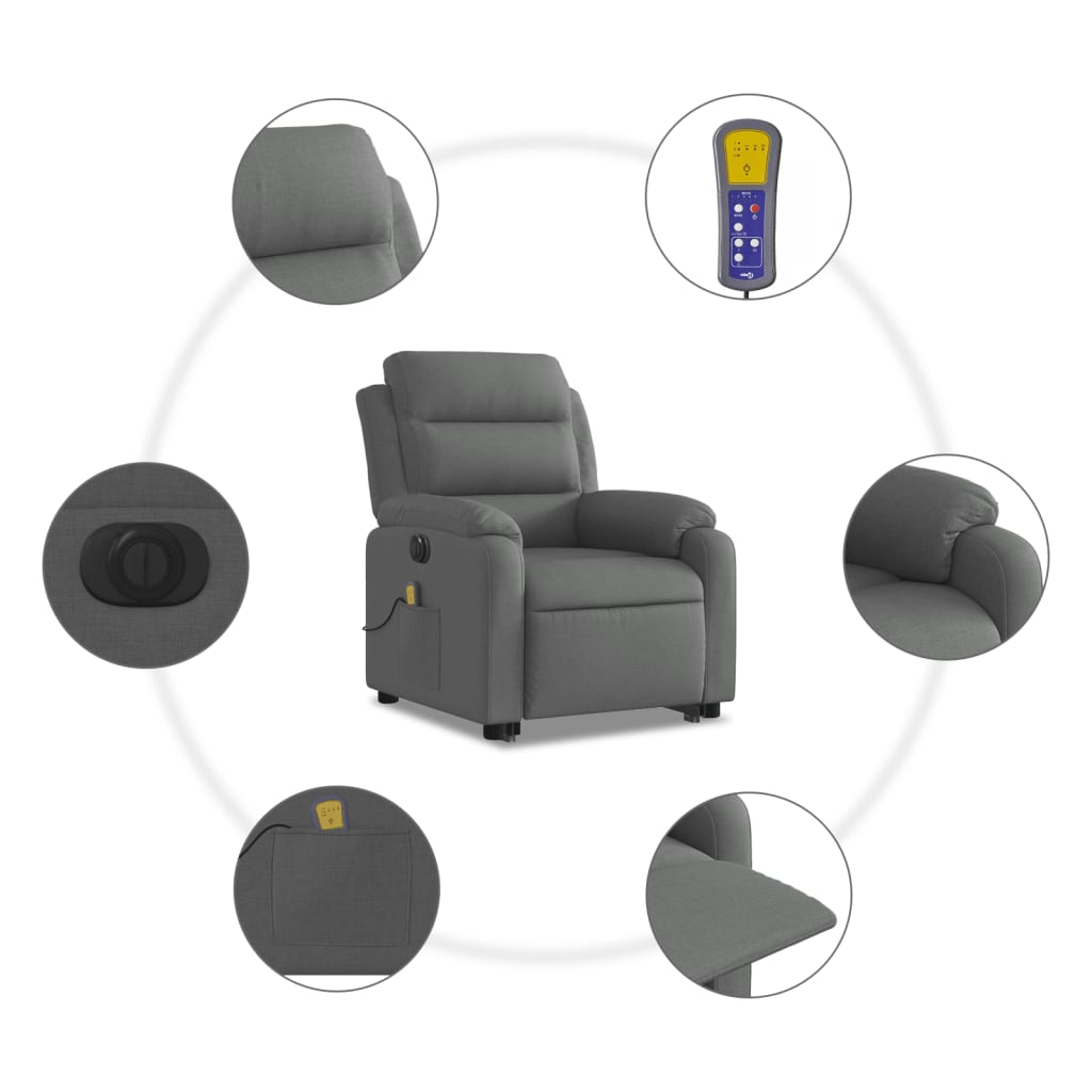 vidaXL Fotoliu electric masaj rabatabil cu ridicare, gri închis textil