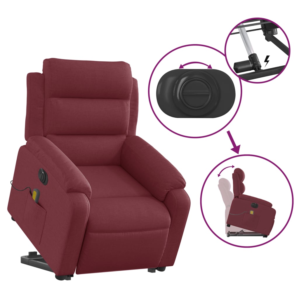 vidaXL Fotoliu de masaj electric rabatabil cu ridicare roșu vin textil vidaXL Fotoliu de masaj electric rabatabil cu ridicare roșu vin textil