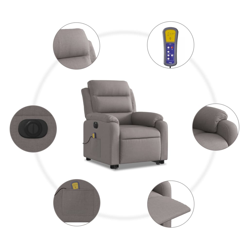 vidaXL Fotoliu electric masaj rabatabil cu ridicare, gri taupe, textil