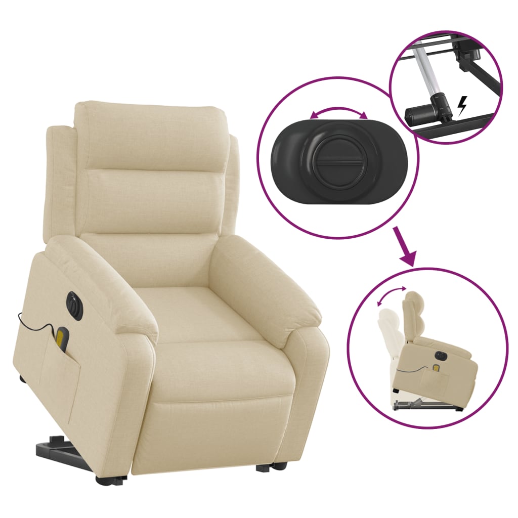 vidaXL Fotoliu electric de masaj rabatabil cu ridicare, crem, textil vidaXL Fotoliu electric de masaj rabatabil cu ridicare, crem, textil