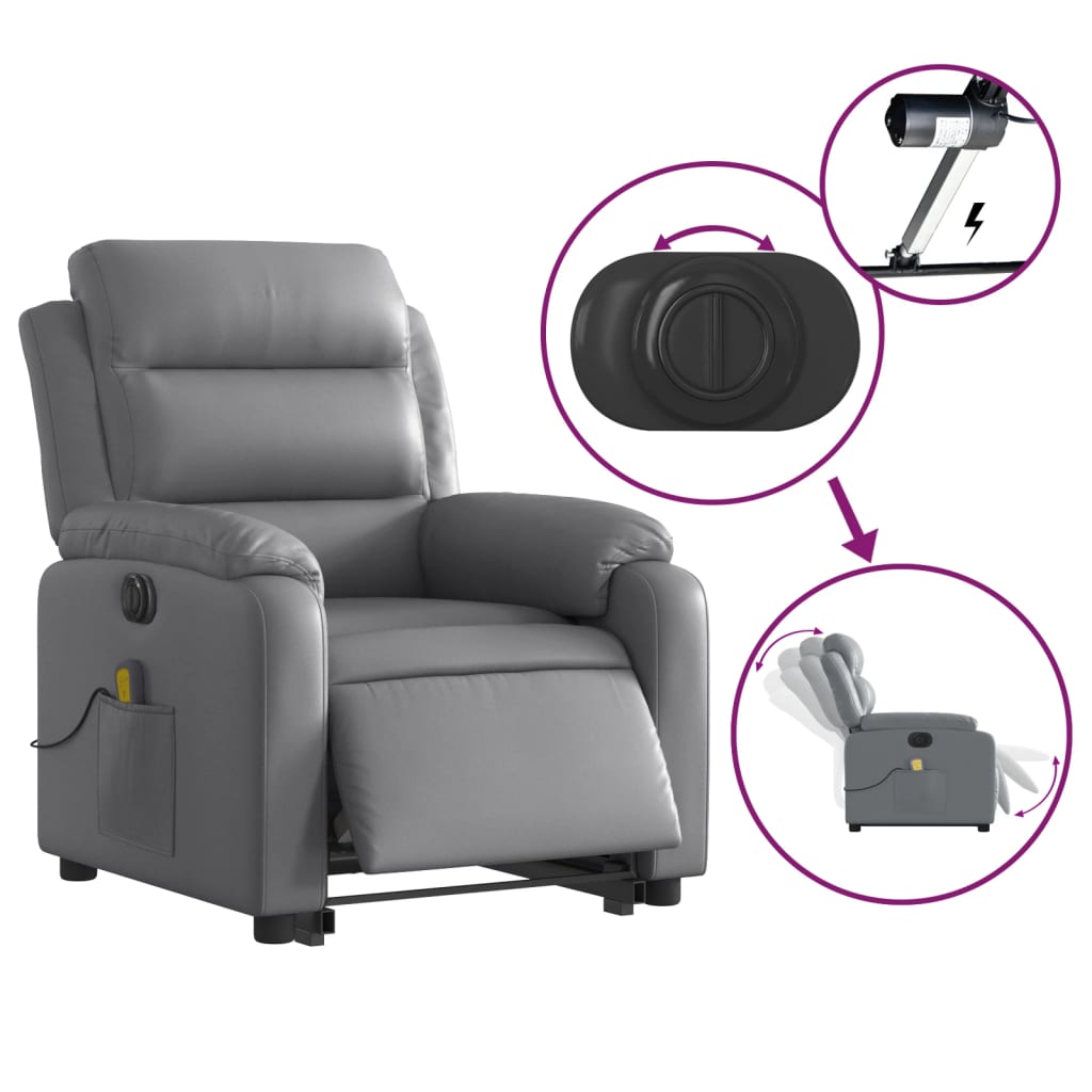vidaXL Fotoliu masaj rabatabil electric cu ridicare, gri, piele eco