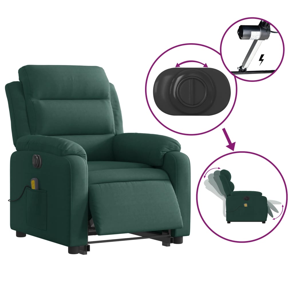 vidaXL Fotoliu electric masaj rabatabil/ridicare verde închis catifea