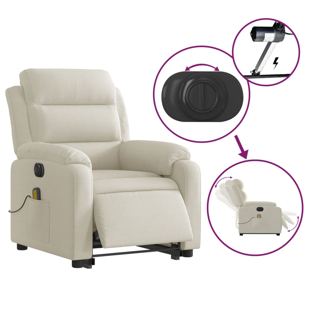 vidaXL Fotoliu electric de masaj rabatabil cu ridicare, crem, catifea vidaXL Fotoliu electric de masaj rabatabil cu ridicare, crem, catifea