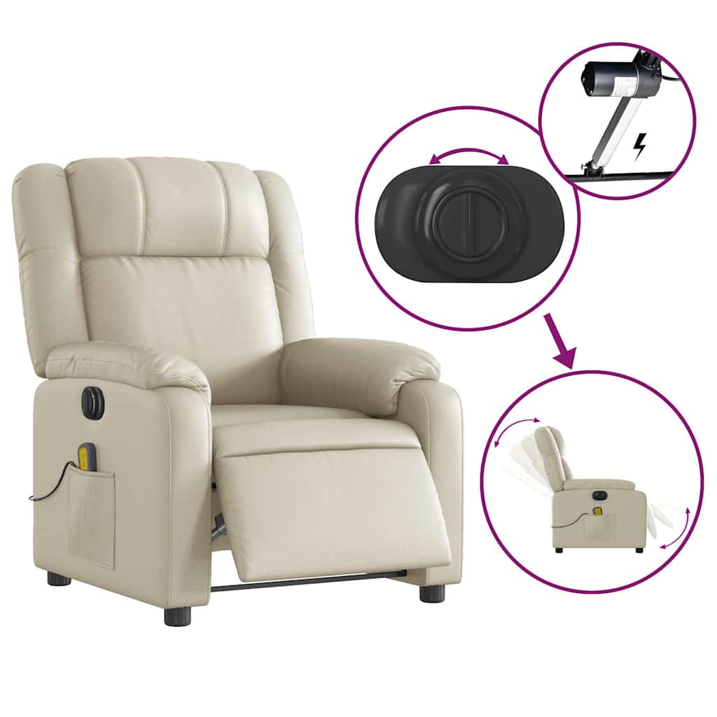 vidaXL Fotoliu electric de masaj rabatabil, crem, piele ecologică