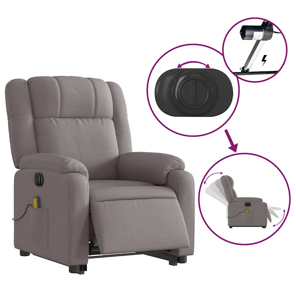 vidaXL Fotoliu electric masaj rabatabil cu ridicare, gri taupe, textil