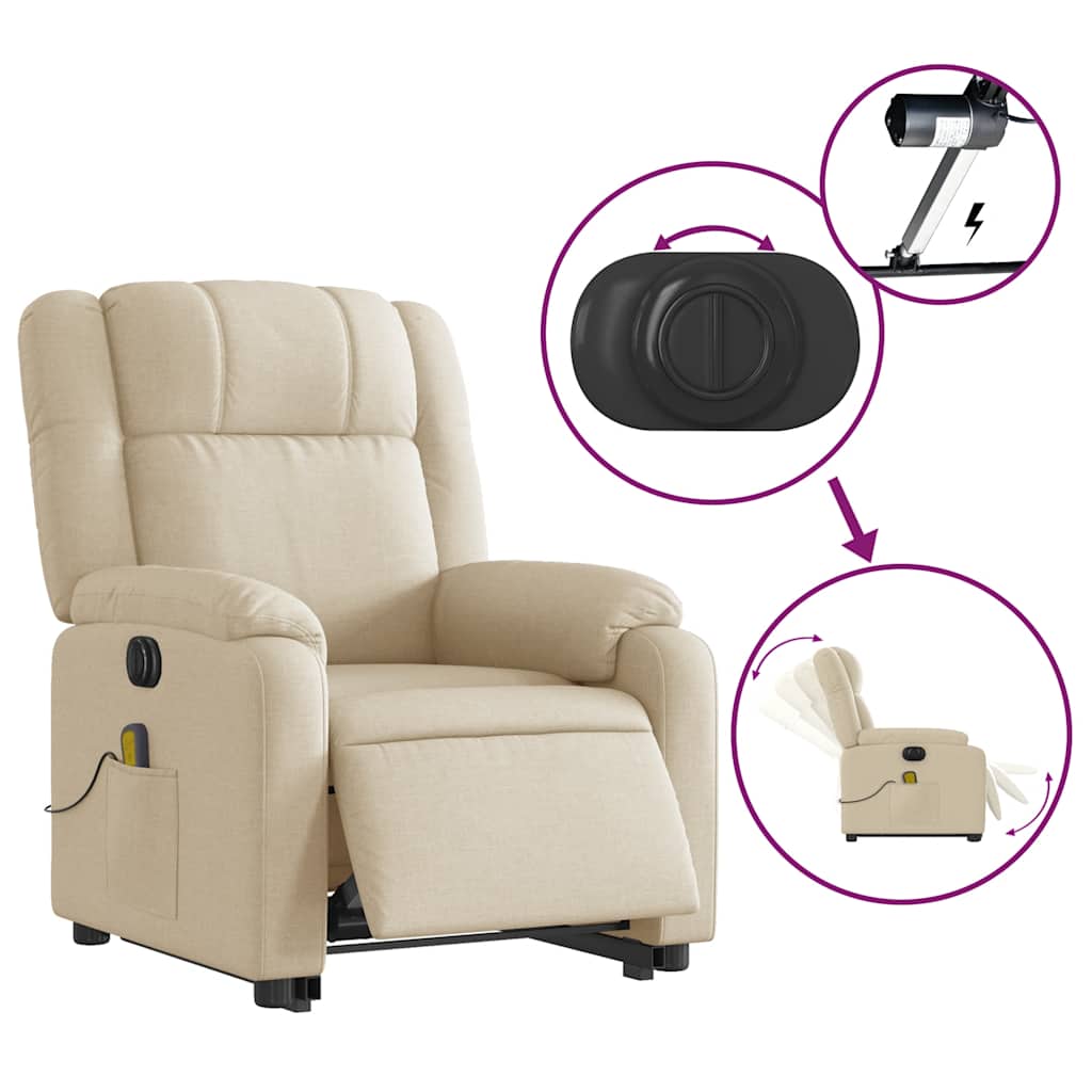 vidaXL Fotoliu electric de masaj rabatabil cu ridicare, crem, textil vidaXL Fotoliu electric de masaj rabatabil cu ridicare, crem, textil