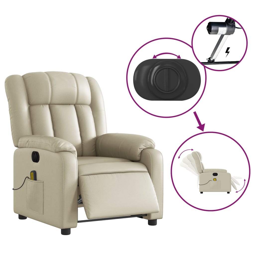 vidaXL Fotoliu electric de masaj rabatabil, crem, piele ecologică