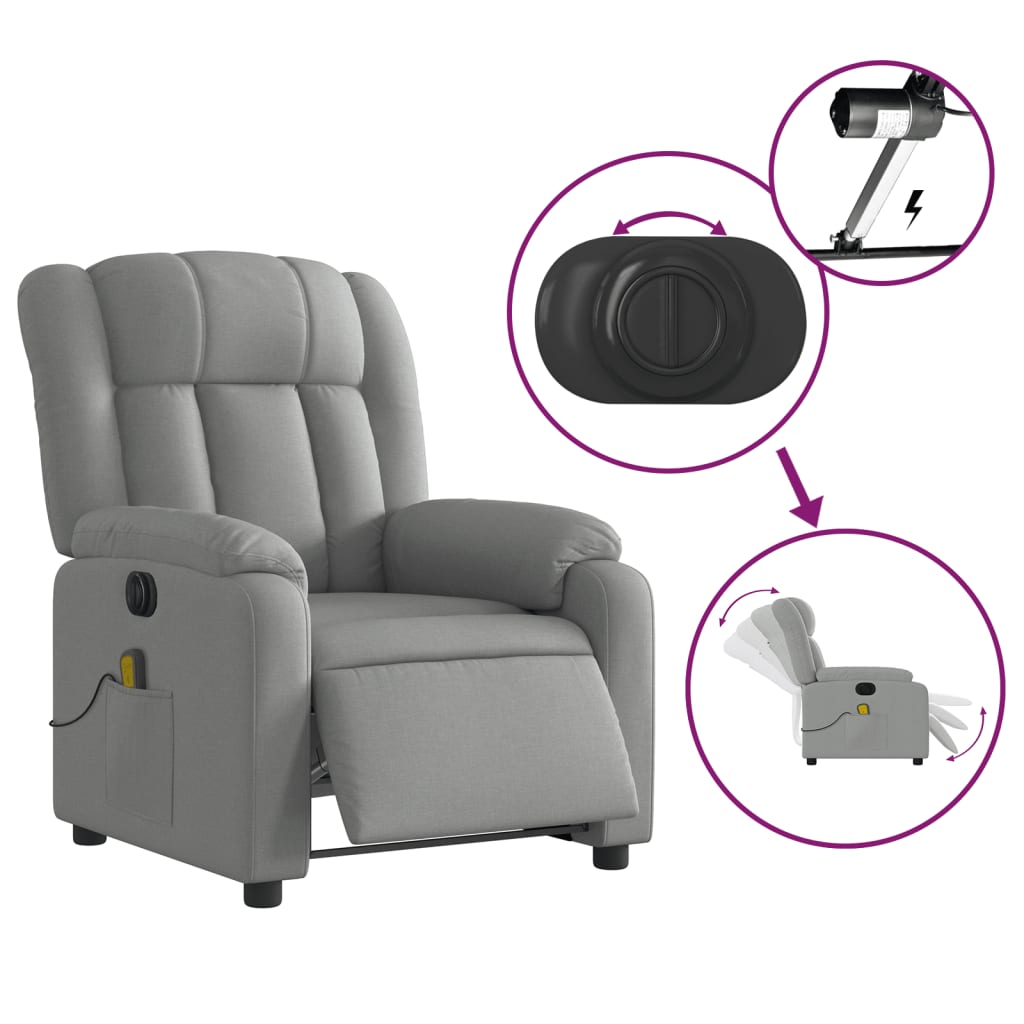 vidaXL Fotoliu electric de masaj rabatabil, gri deschis, microfibră