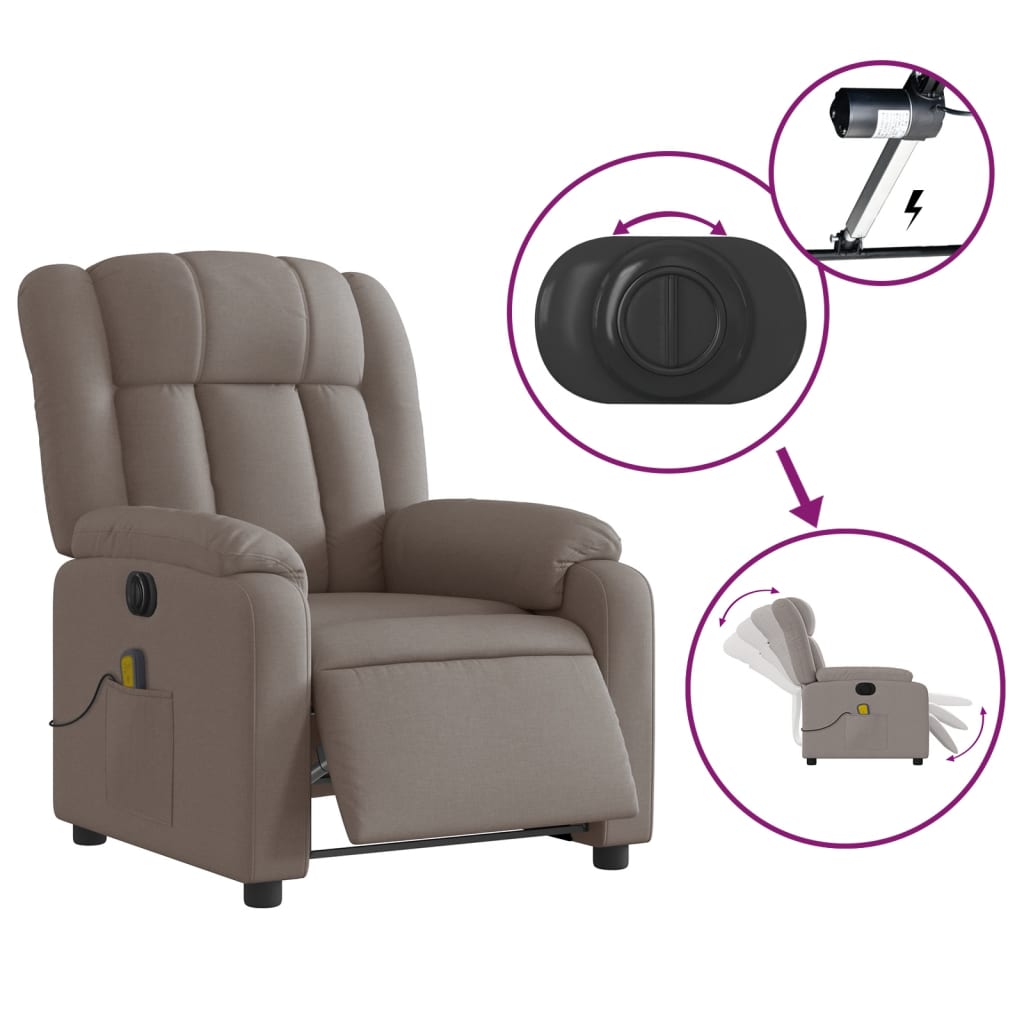 vidaXL Fotoliu electric de masaj rabatabil, gri taupe, textil