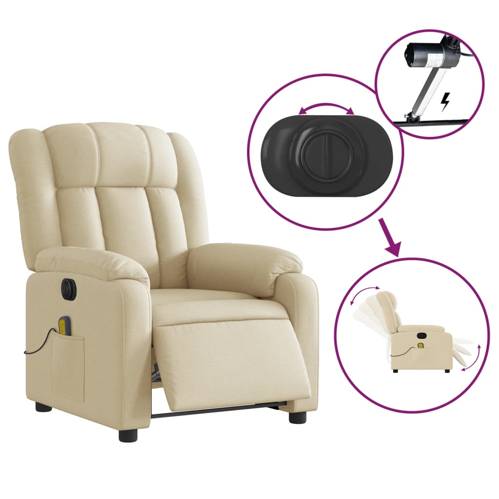 vidaXL Fotoliu electric de masaj rabatabil, crem, textil