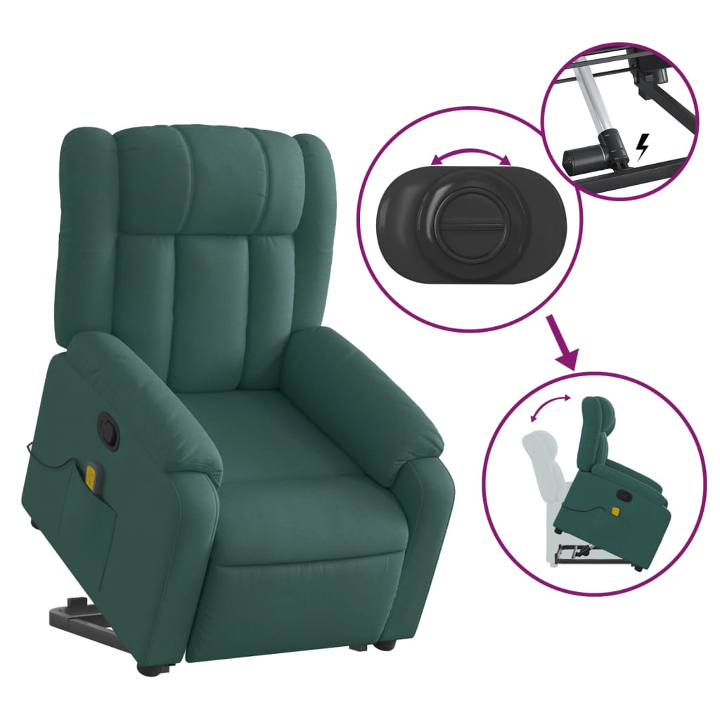 vidaXL Fotoliu rabatabil de masaj, cu ridicare, verde închis, textil