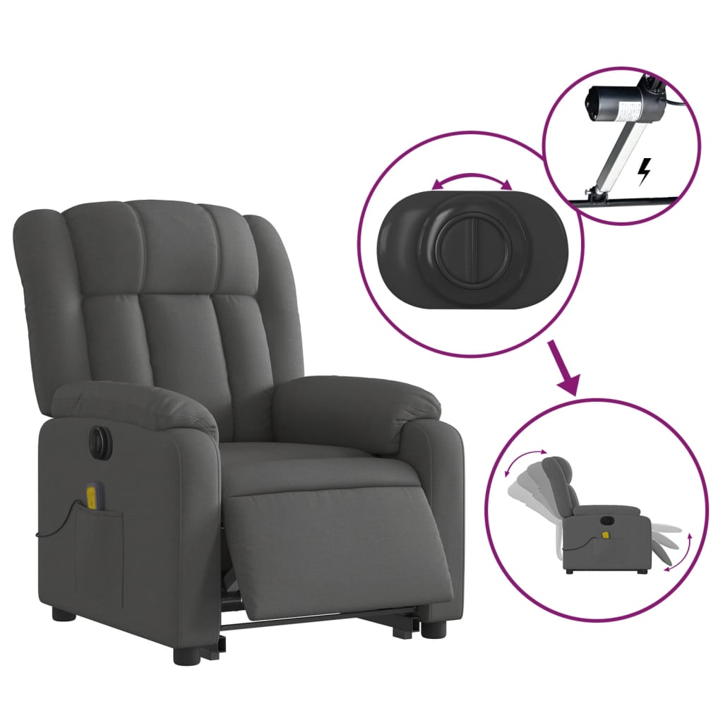 vidaXL Fotoliu electric masaj rabatabil cu ridicare, gri închis textil vidaXL Fotoliu electric masaj rabatabil cu ridicare, gri închis textil
