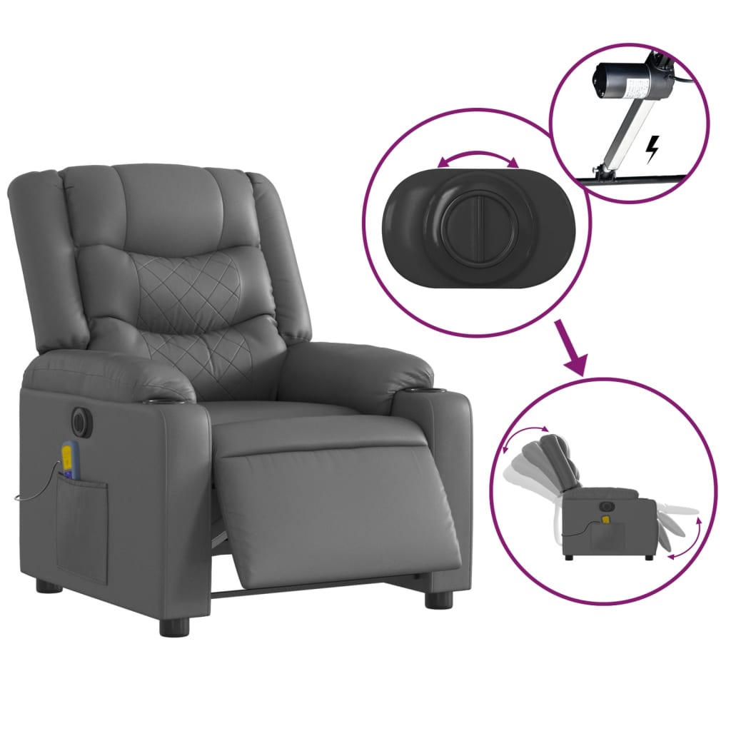 vidaXL Fotoliu de masaj electric rabatabil, gri, piele ecologică vidaXL Fotoliu de masaj electric rabatabil, gri, piele ecologică