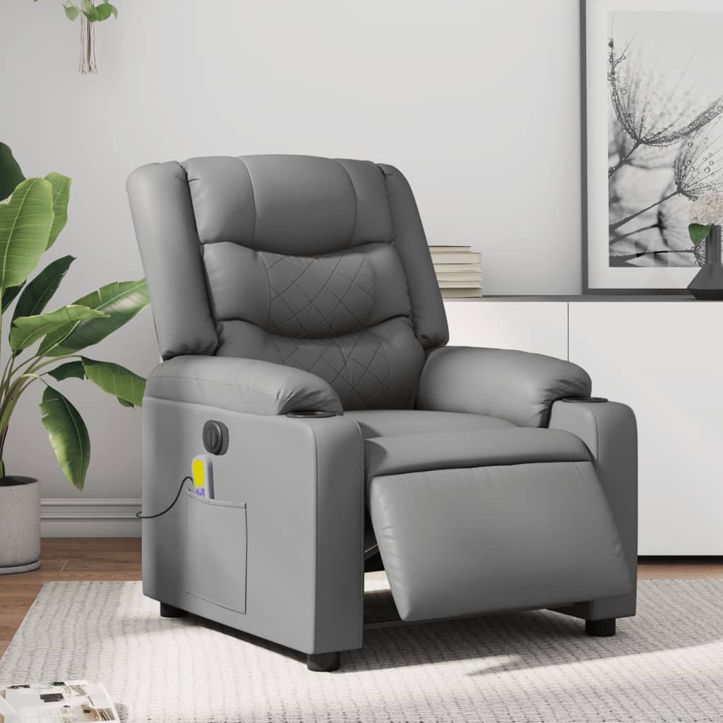 vidaXL Fotoliu de masaj electric rabatabil, gri, piele ecologică vidaXL Fotoliu de masaj electric rabatabil, gri, piele ecologică