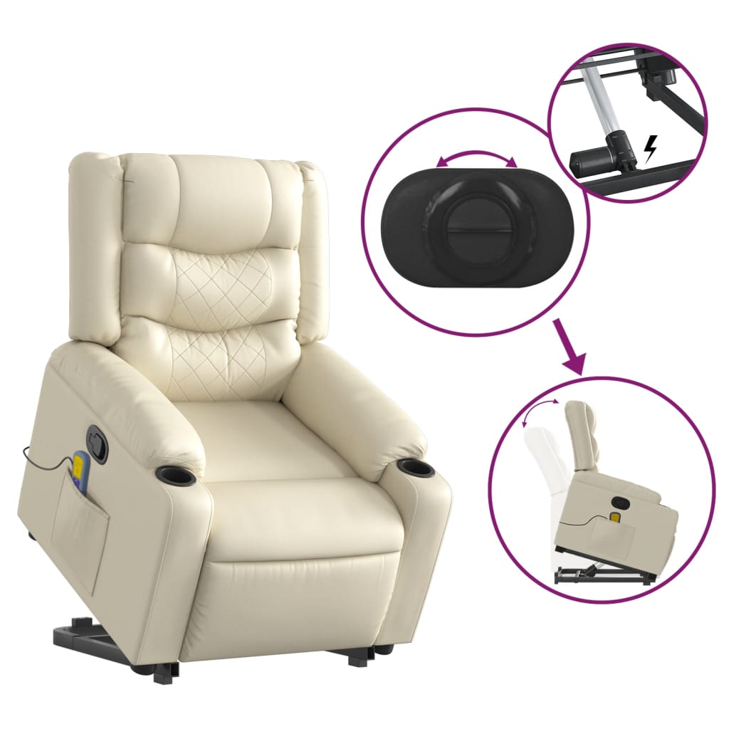 vidaXL Fotoliu rabatabil cu ridicare, crem, piele ecologică