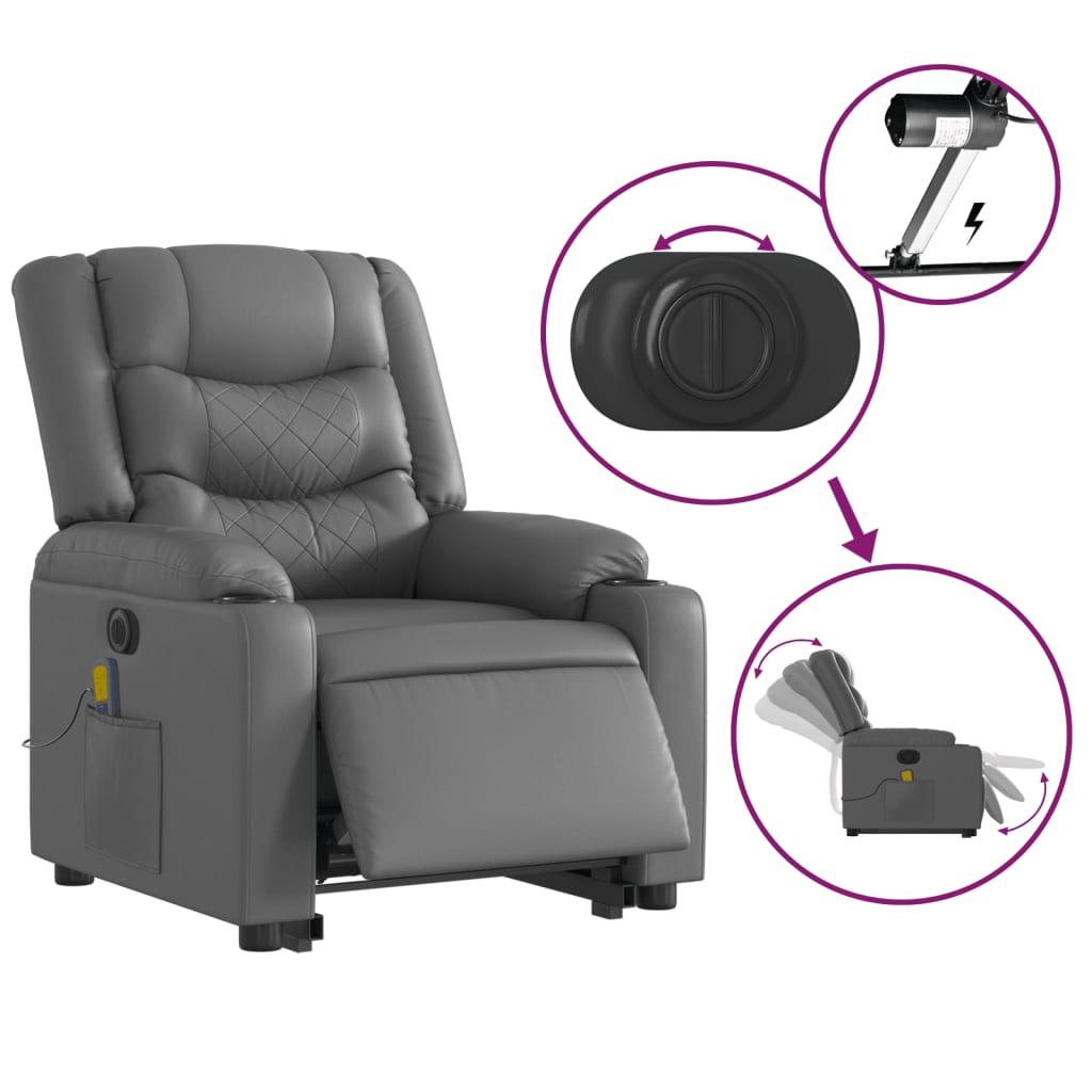 vidaXL Fotoliu masaj rabatabil electric cu ridicare, gri, piele eco
