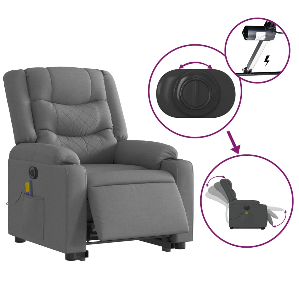 vidaXL Fotoliu electric masaj rabatabil cu ridicare, gri închis textil