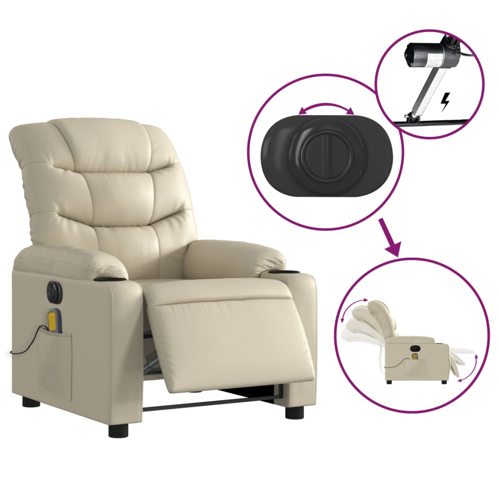 vidaXL Fotoliu electric de masaj rabatabil, crem, piele ecologică