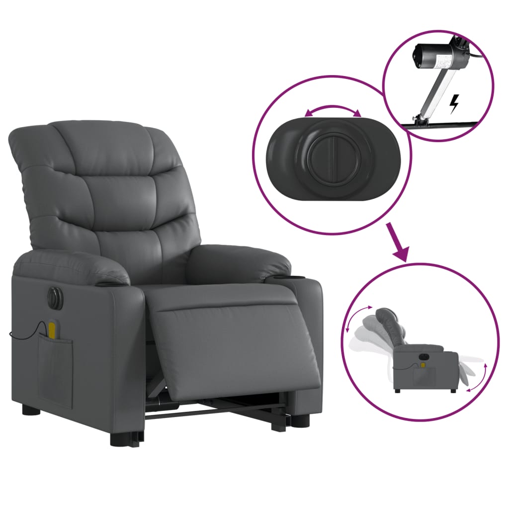 vidaXL Fotoliu masaj rabatabil electric cu ridicare, gri, piele eco