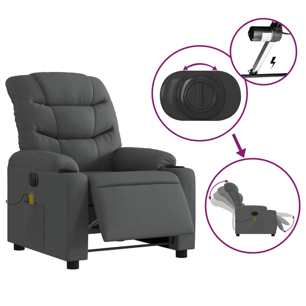 vidaXL Fotoliu electric de masaj rabatabil, gri închis, textil