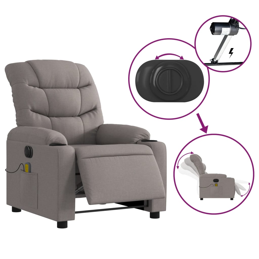 vidaXL Fotoliu electric de masaj rabatabil, gri taupe, textil